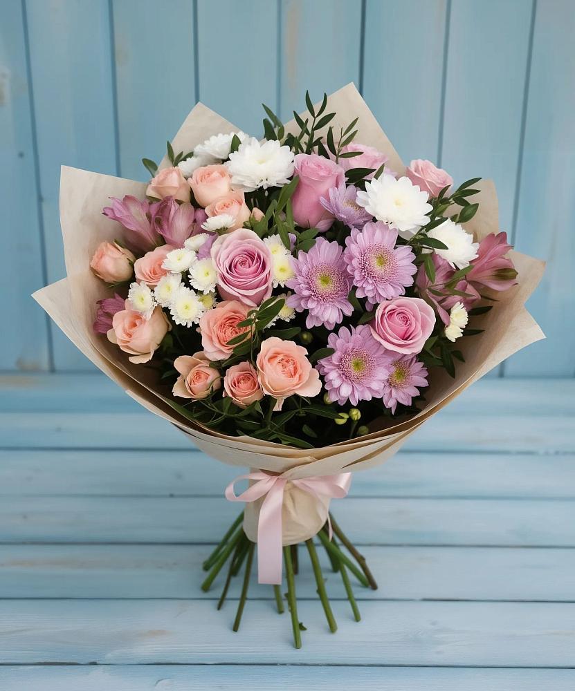 Букет цветов из: Хризантемы, Розы и Альстромерии в Довольном