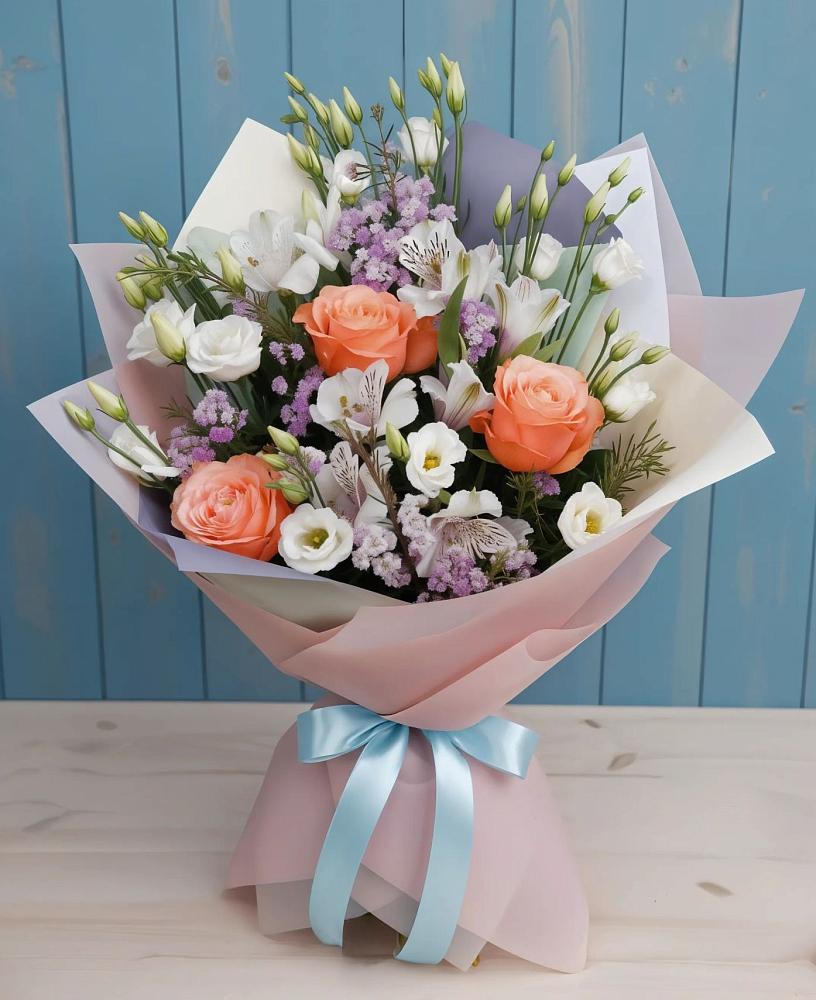 Букет цветов из: Лизиантусы, Розы, Альстромерии и Гипсофила в Довольном